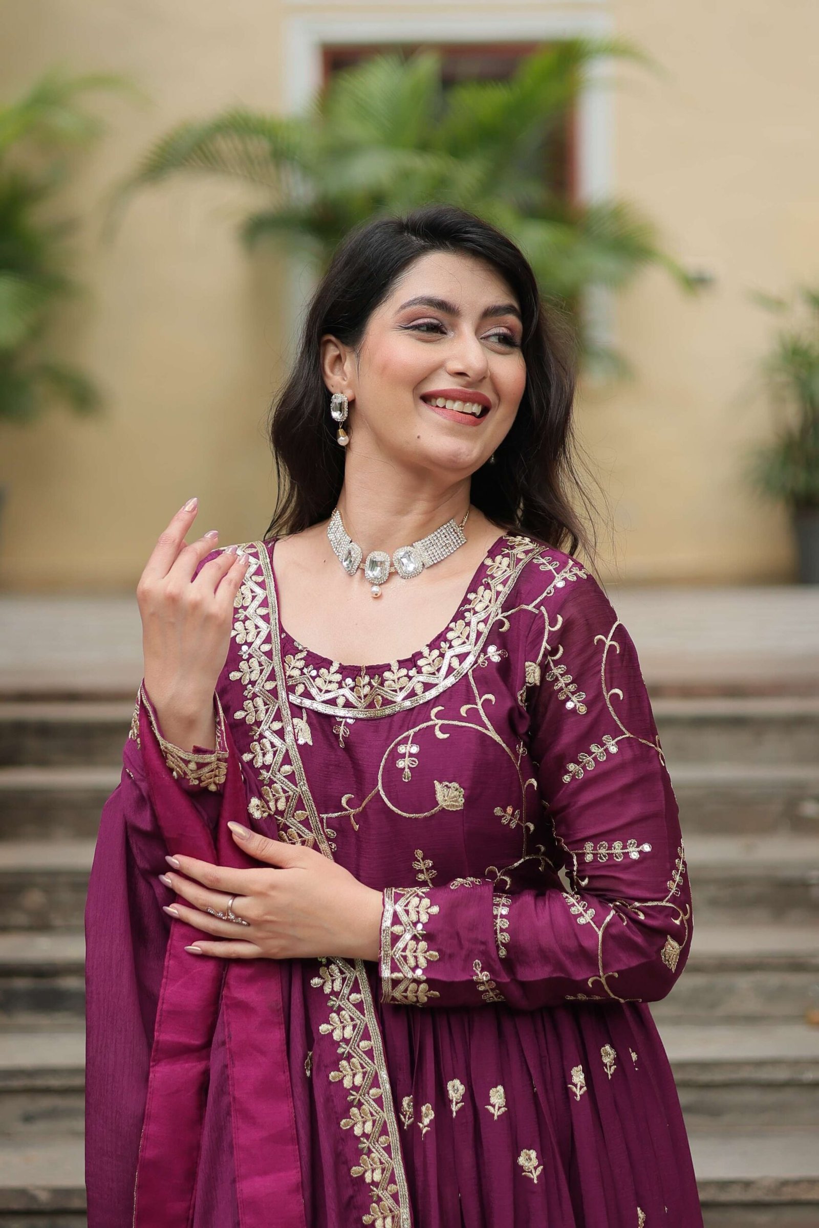 Wine Premium Chinon Sequins Embroidered Kurti with Sharara & Dupatta Set - Image 2