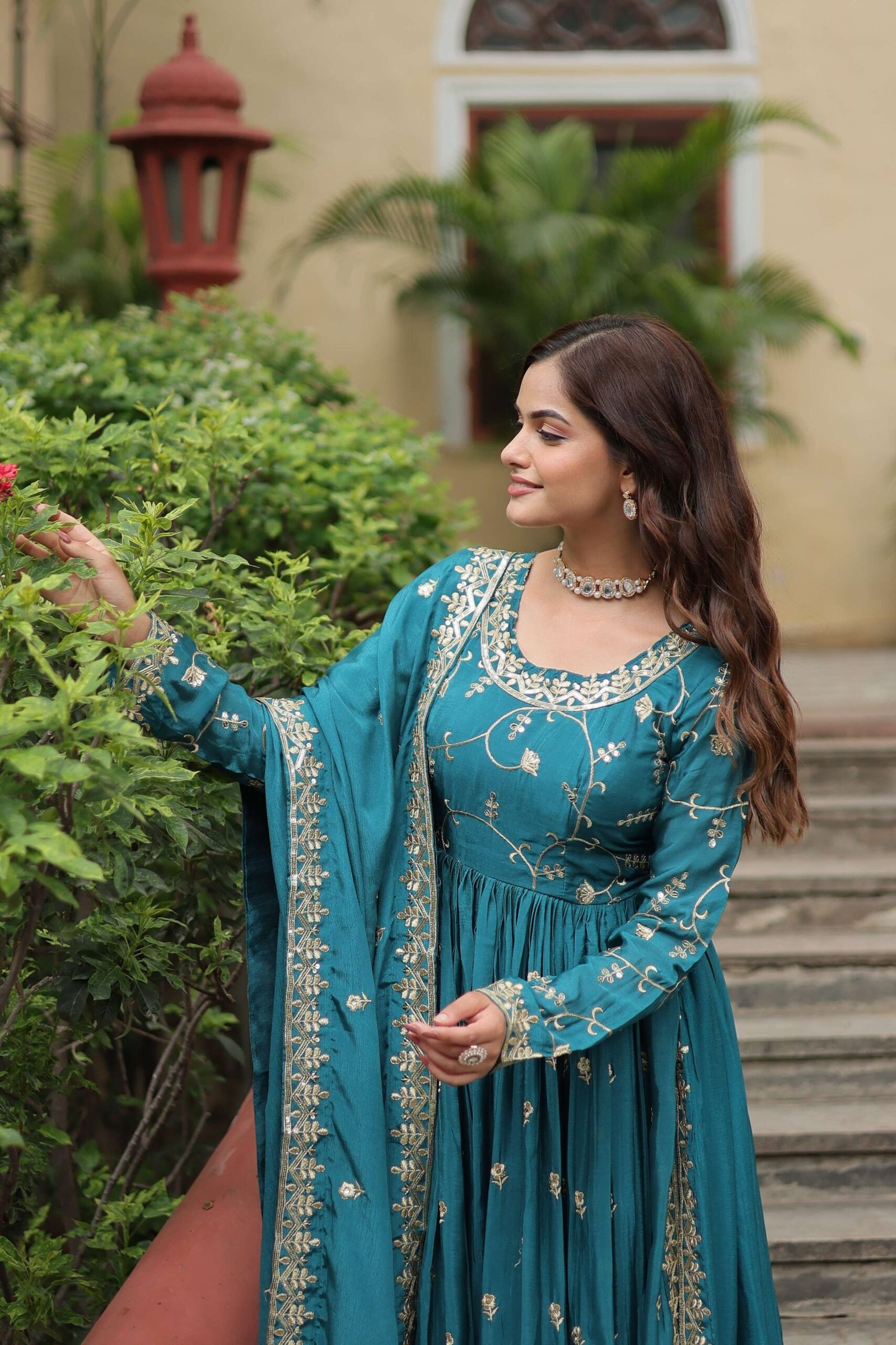 Blue Premium Chinon Sequins Embroidered Kurti with Sharara & Dupatta Set - Image 3