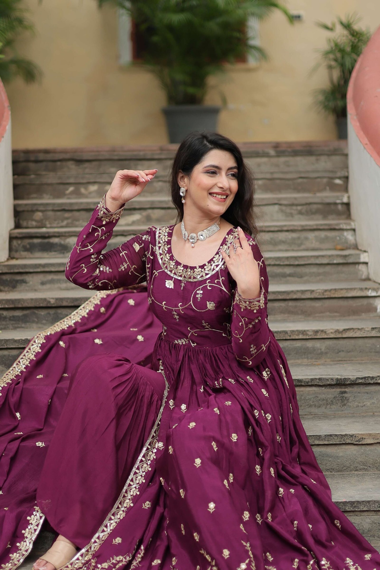 Wine Premium Chinon Sequins Embroidered Kurti with Sharara & Dupatta Set