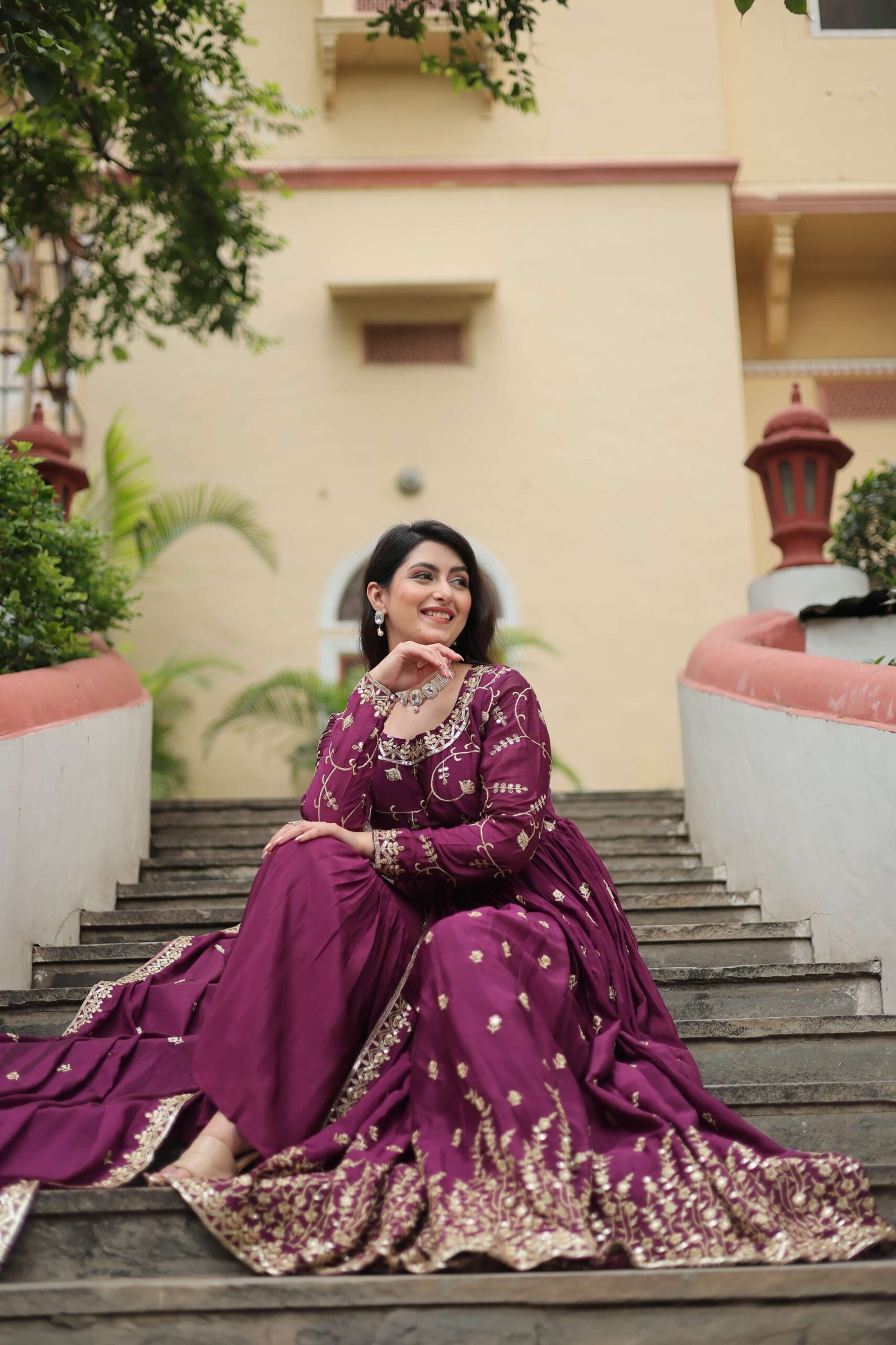 Wine Premium Chinon Sequins Embroidered Kurti with Sharara & Dupatta Set - Image 3