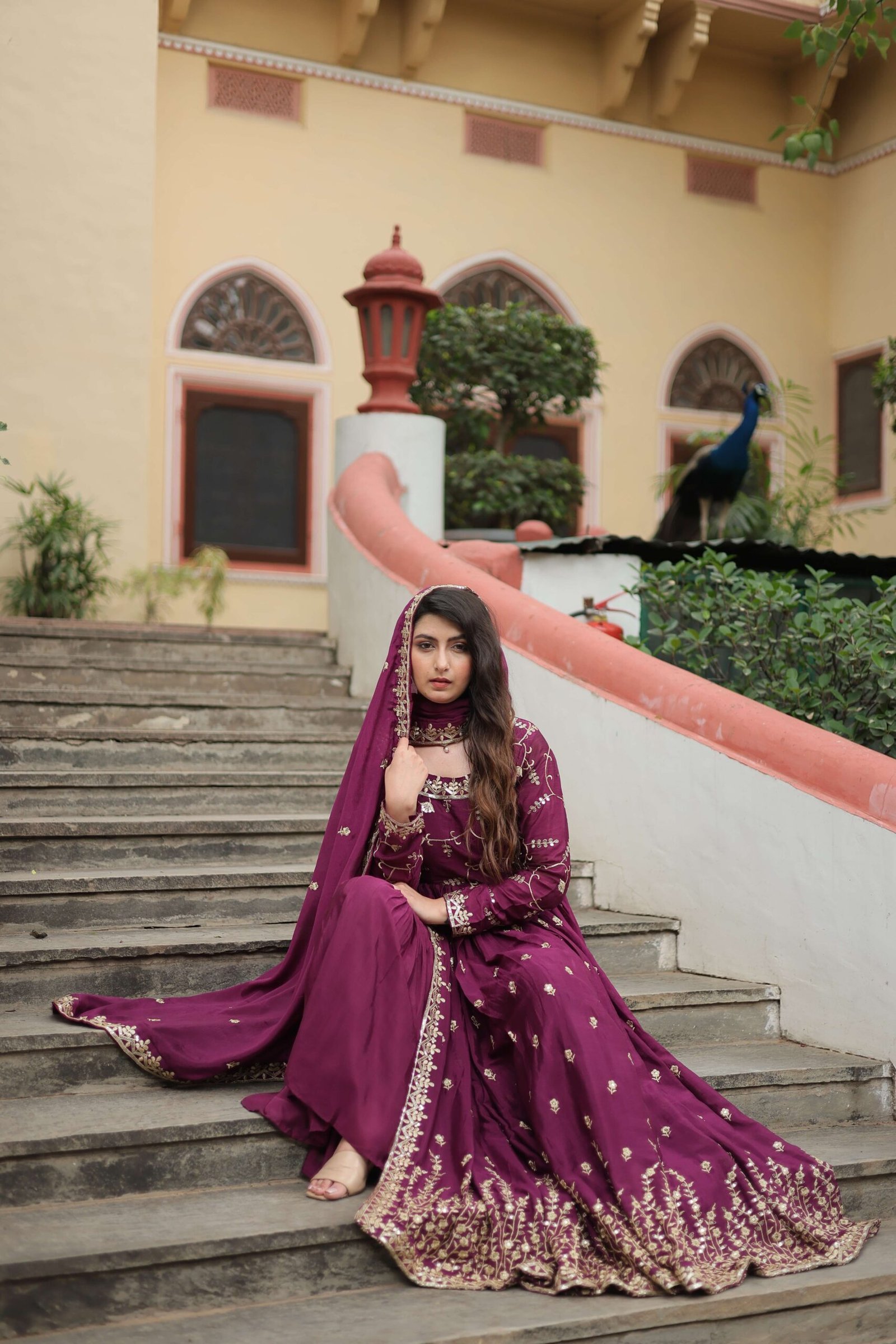 Wine Premium Chinon Sequins Embroidered Kurti with Sharara & Dupatta Set - Image 8