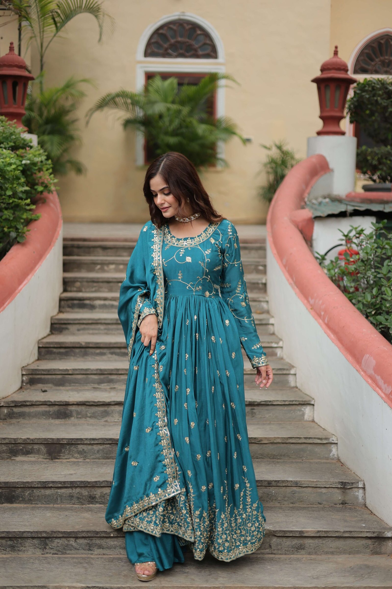 Blue Premium Chinon Sequins Embroidered Kurti with Sharara & Dupatta Set - Image 8