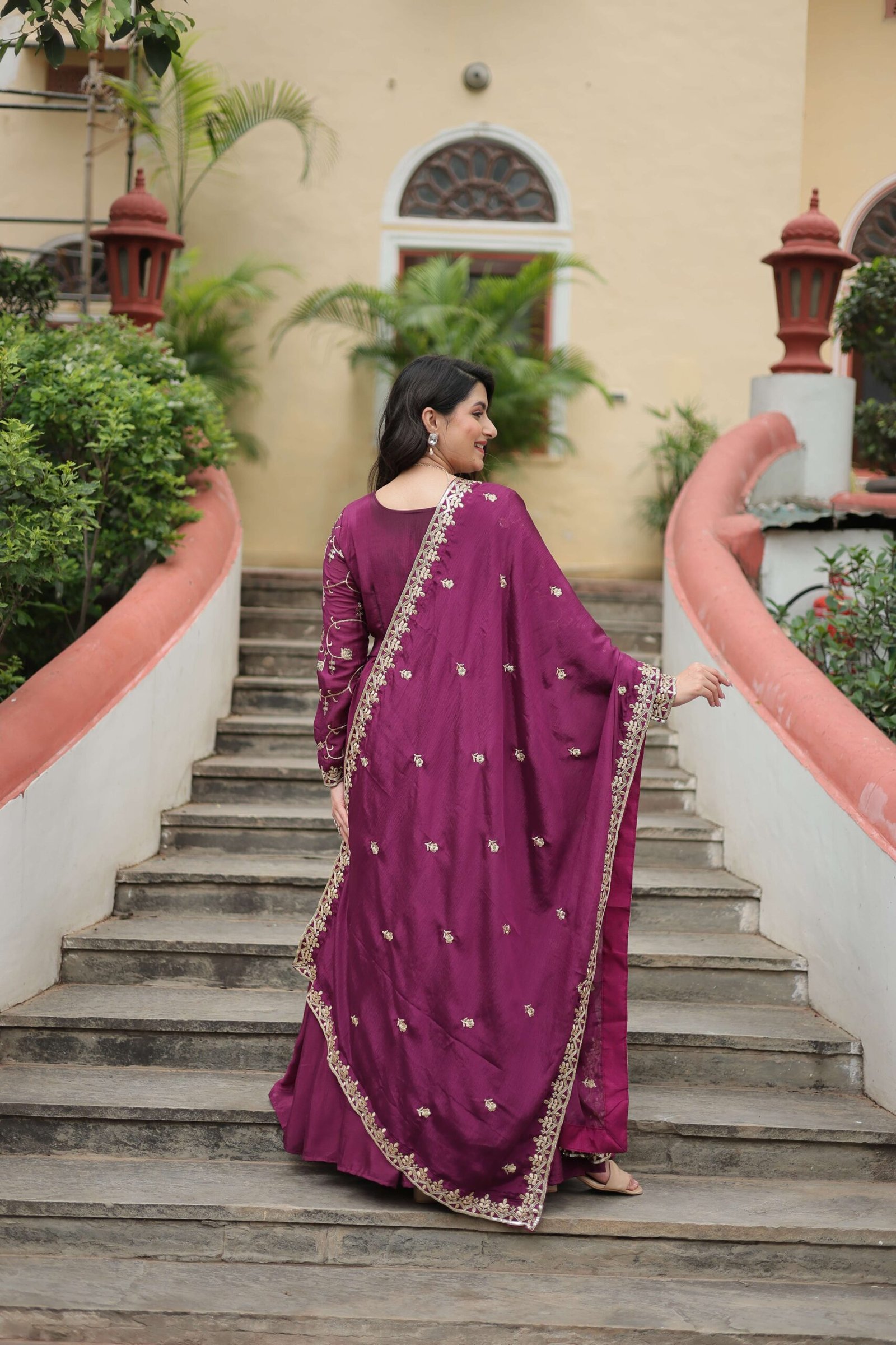 Wine Premium Chinon Sequins Embroidered Kurti with Sharara & Dupatta Set - Image 4