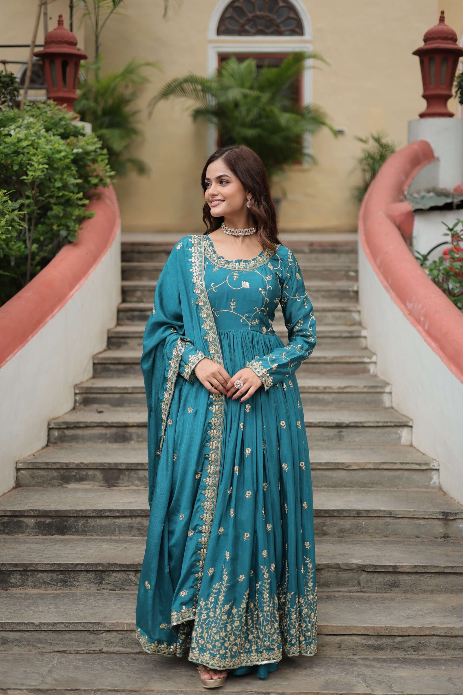 Blue Premium Chinon Sequins Embroidered Kurti with Sharara & Dupatta Set - Image 2