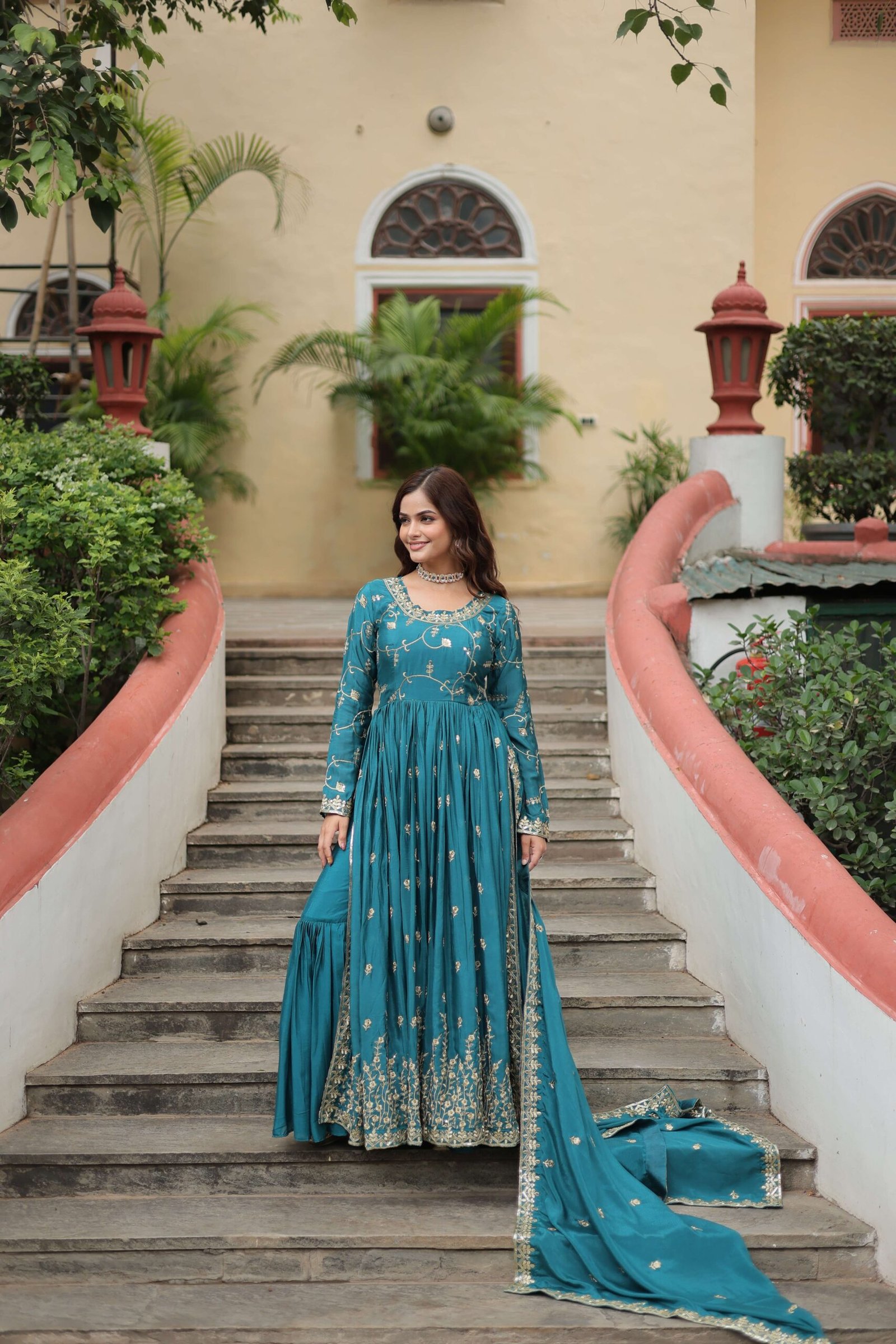 Blue Premium Chinon Sequins Embroidered Kurti with Sharara & Dupatta Set - Image 7