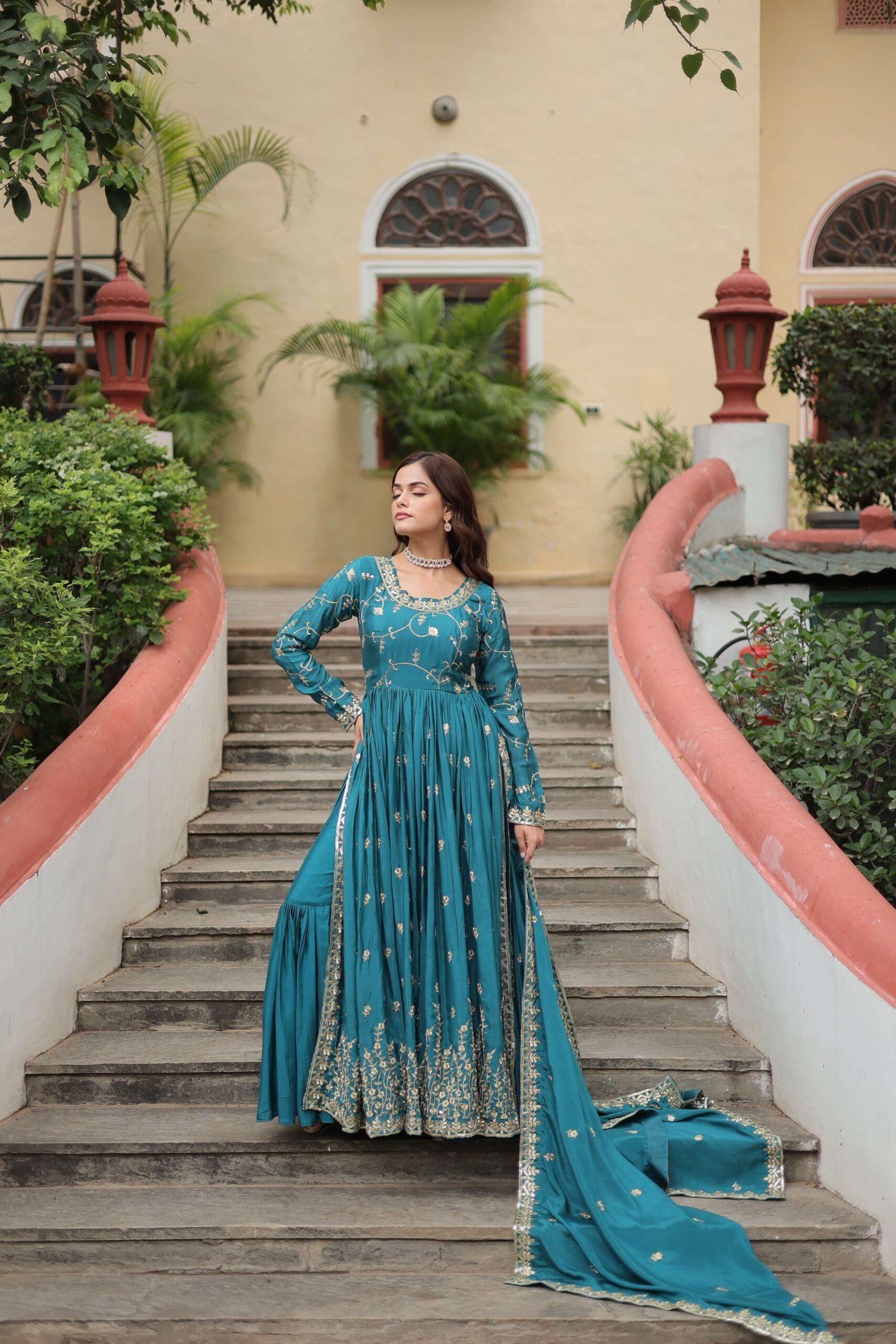 Blue Premium Chinon Sequins Embroidered Kurti with Sharara & Dupatta Set - Image 6