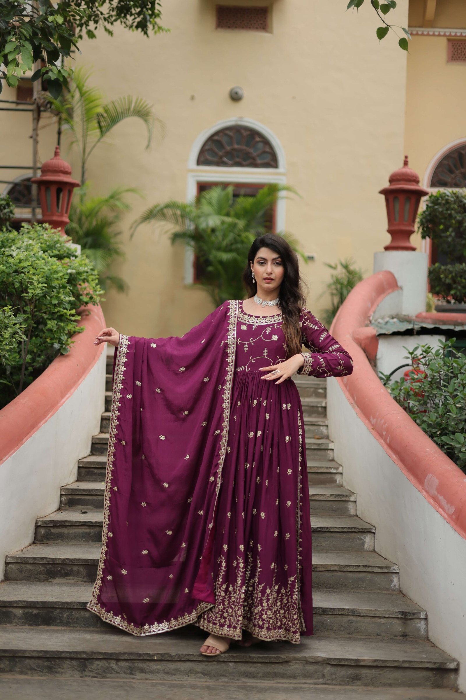 Wine Premium Chinon Sequins Embroidered Kurti with Sharara & Dupatta Set - Image 5