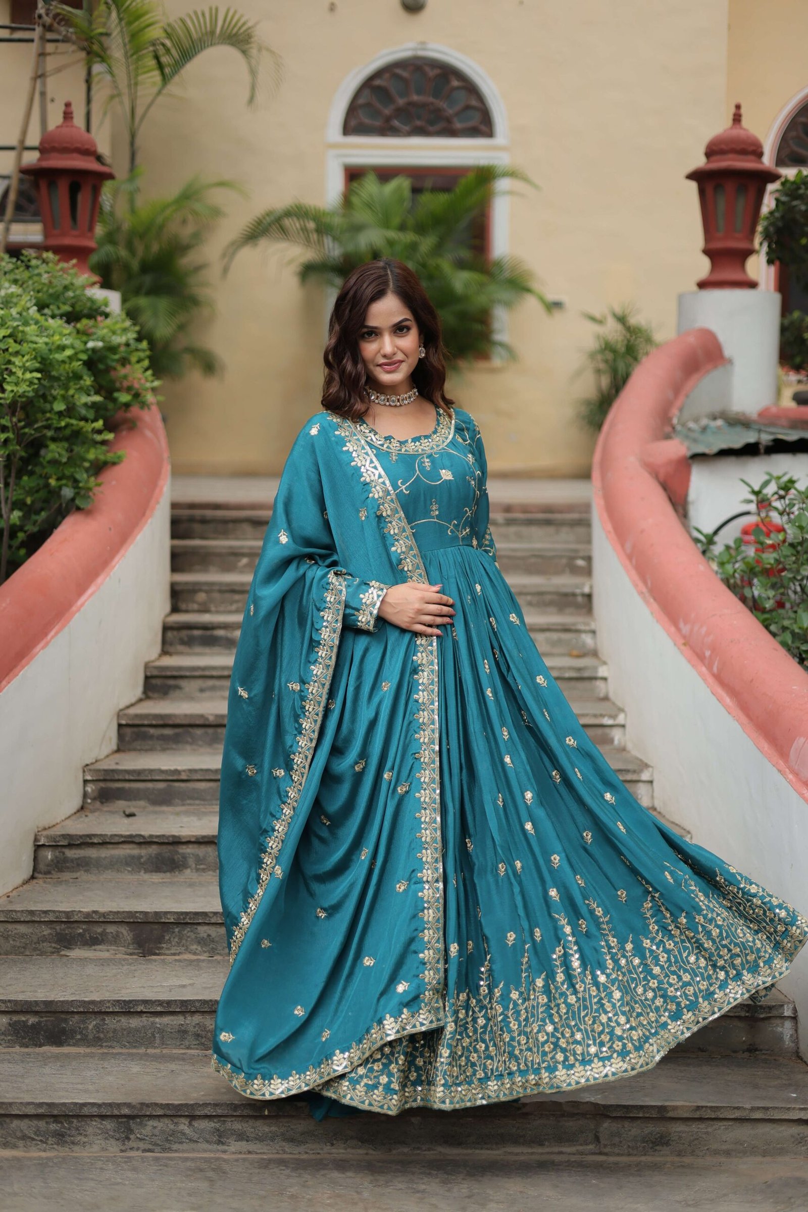 Blue Premium Chinon Sequins Embroidered Kurti with Sharara & Dupatta Set