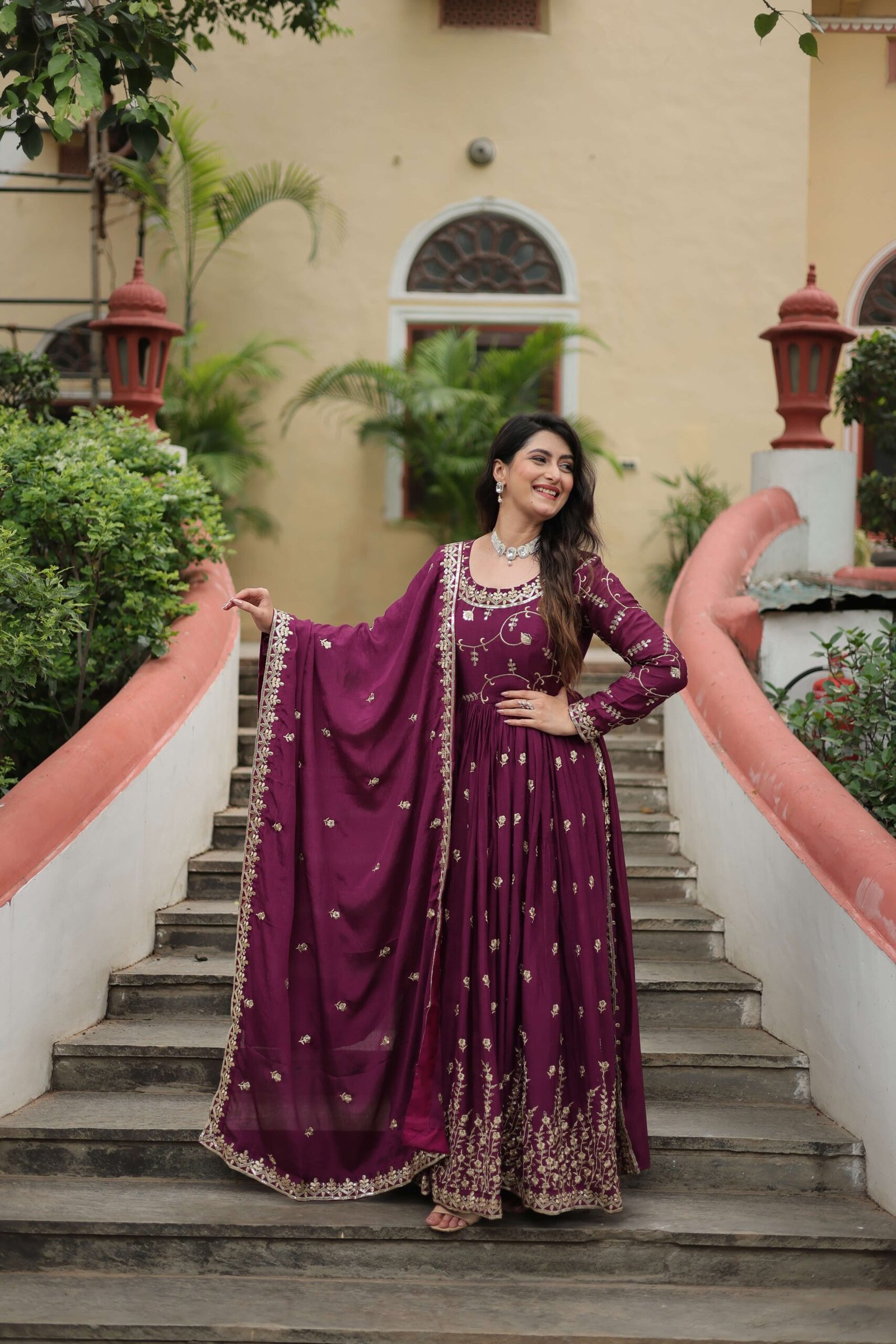 Wine Premium Chinon Sequins Embroidered Kurti with Sharara & Dupatta Set - Image 6
