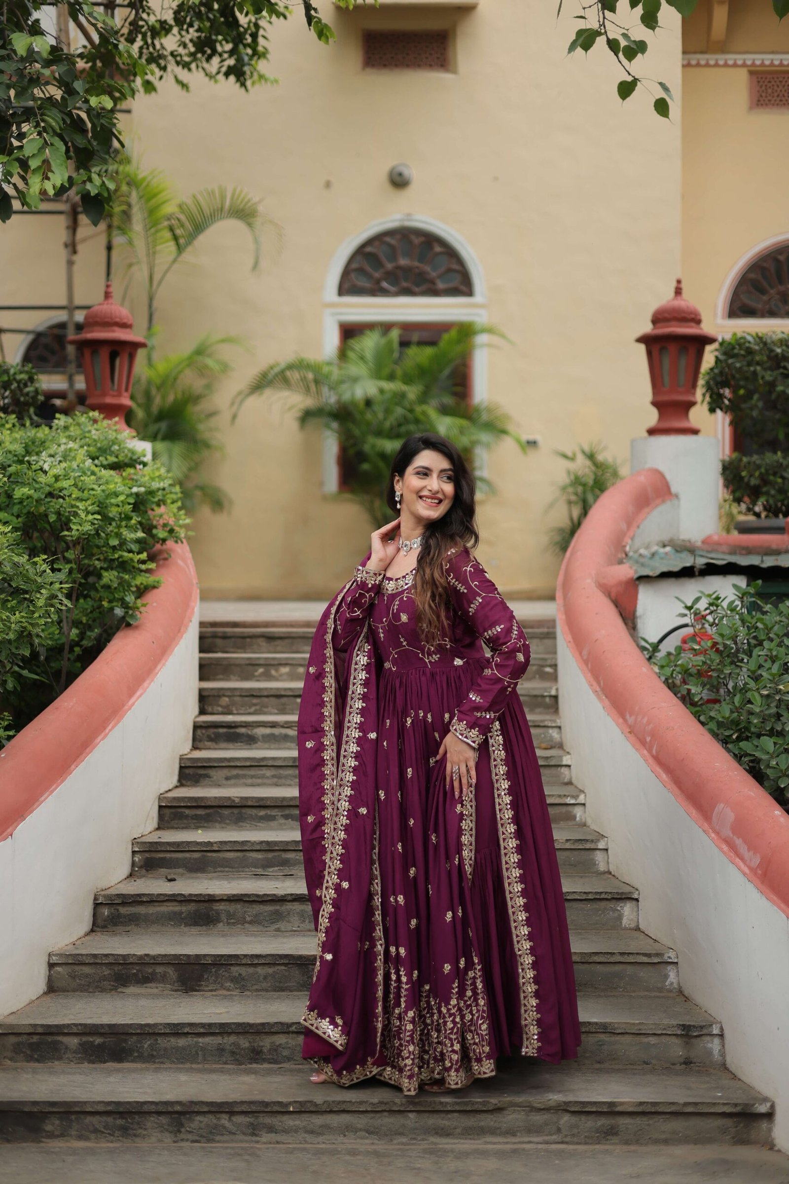 Wine Premium Chinon Sequins Embroidered Kurti with Sharara & Dupatta Set - Image 7